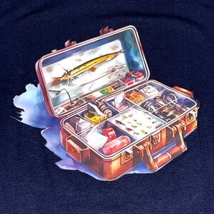 Fisherman's Tackle Box V-Neck Graphic Tee Dark Navy Large NWT